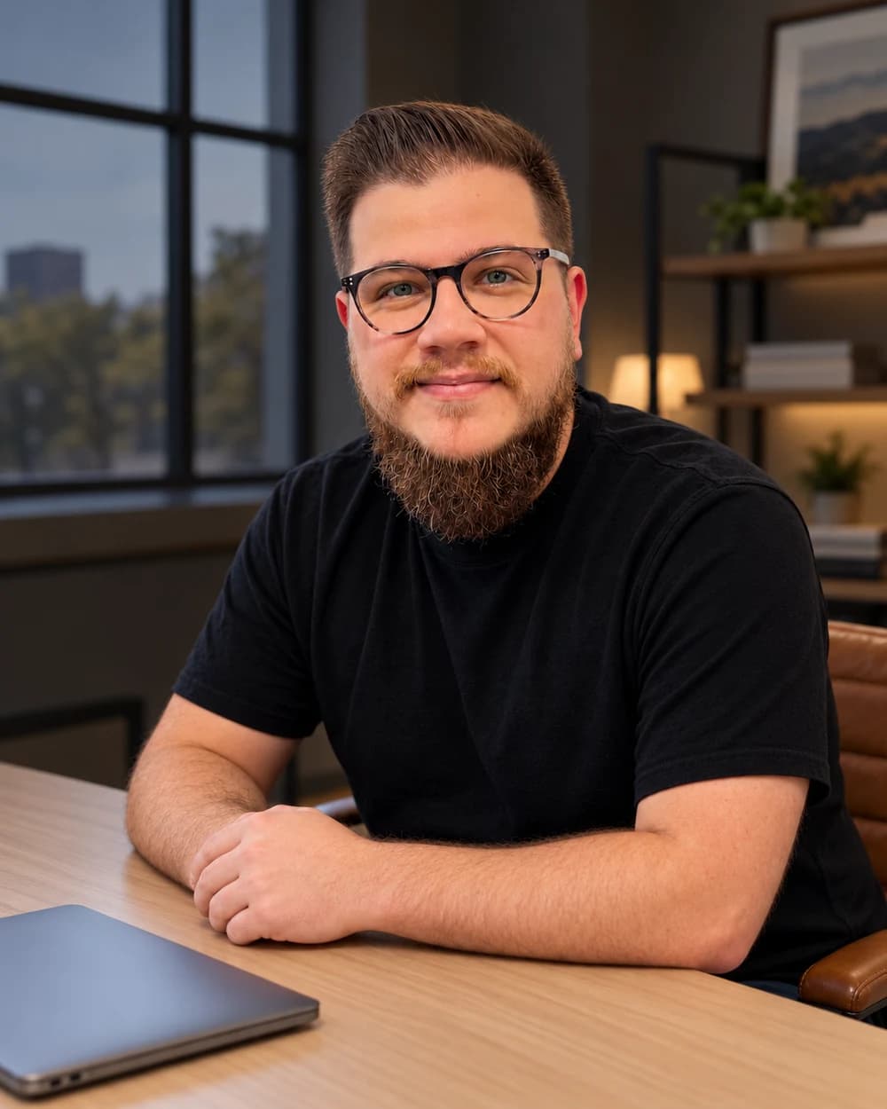 Aaron Rountree seated at a desk in a bright workspace