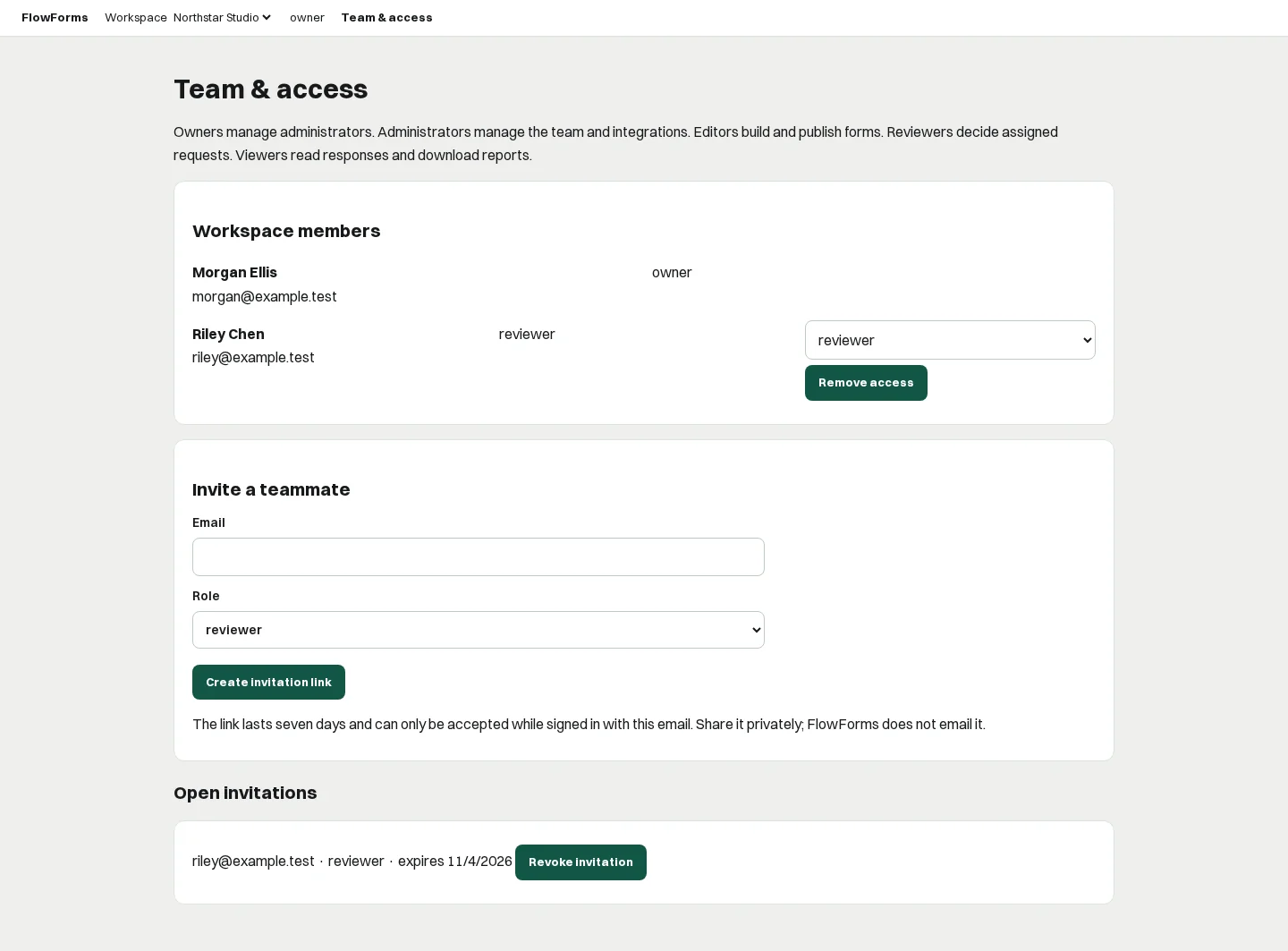 FlowForms team page with an owner, an invited reviewer and workspace role controls