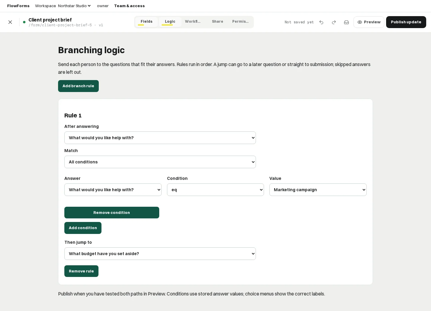 FlowForms branch rule sending a marketing campaign answer past a website platform question