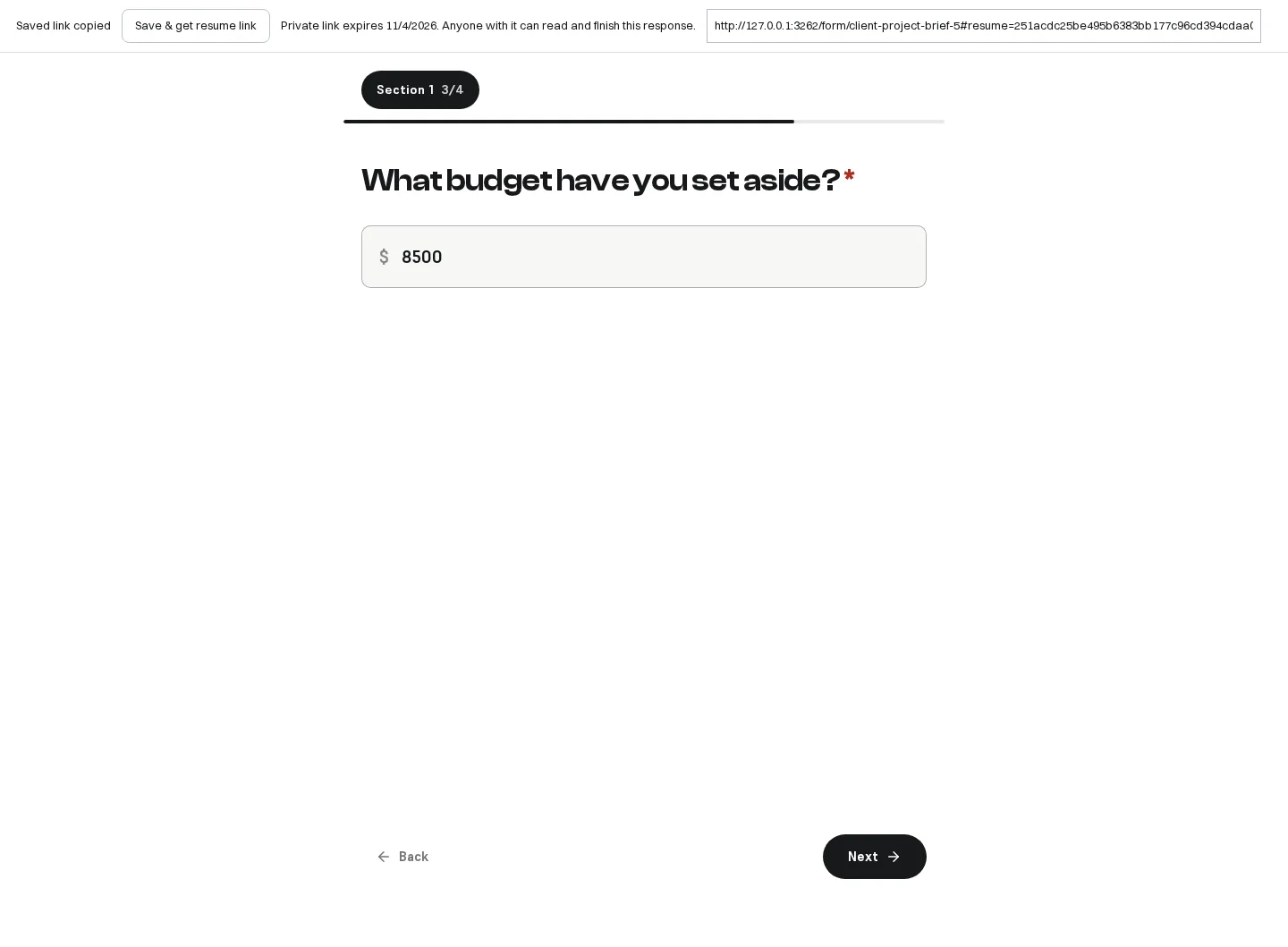 FlowForms respondent saving an example campaign budget and copying a private resume link