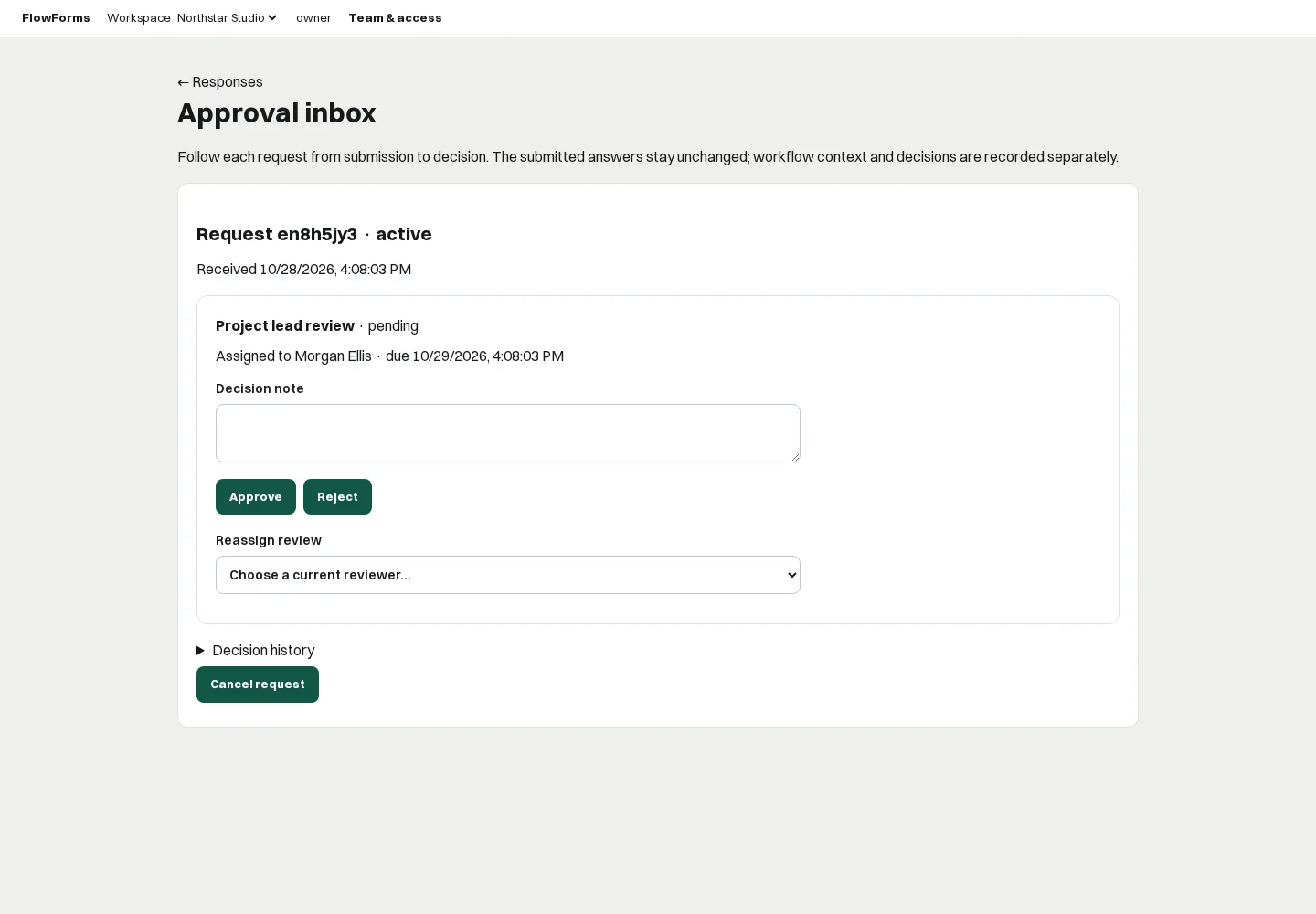 FlowForms approval inbox with a client brief assigned to Morgan Ellis and approve, reject and reassign controls