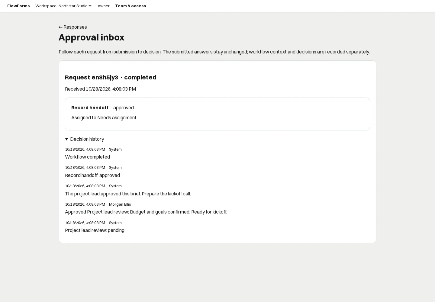 FlowForms completed approval request with a decision note and dated history