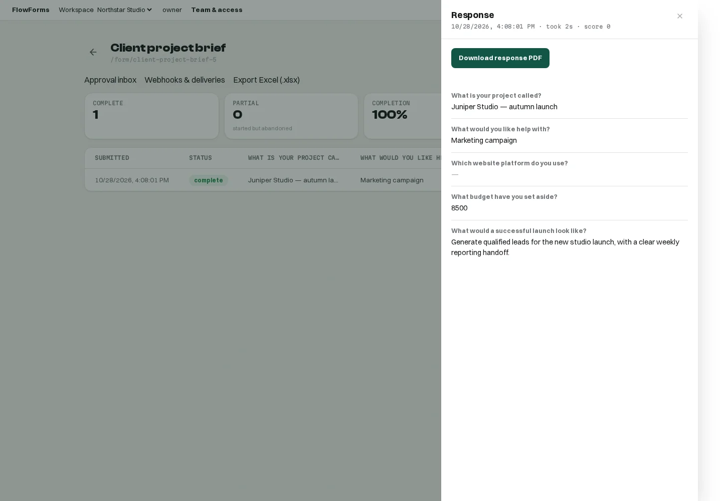 FlowForms saved response with the PDF download button and Excel export control