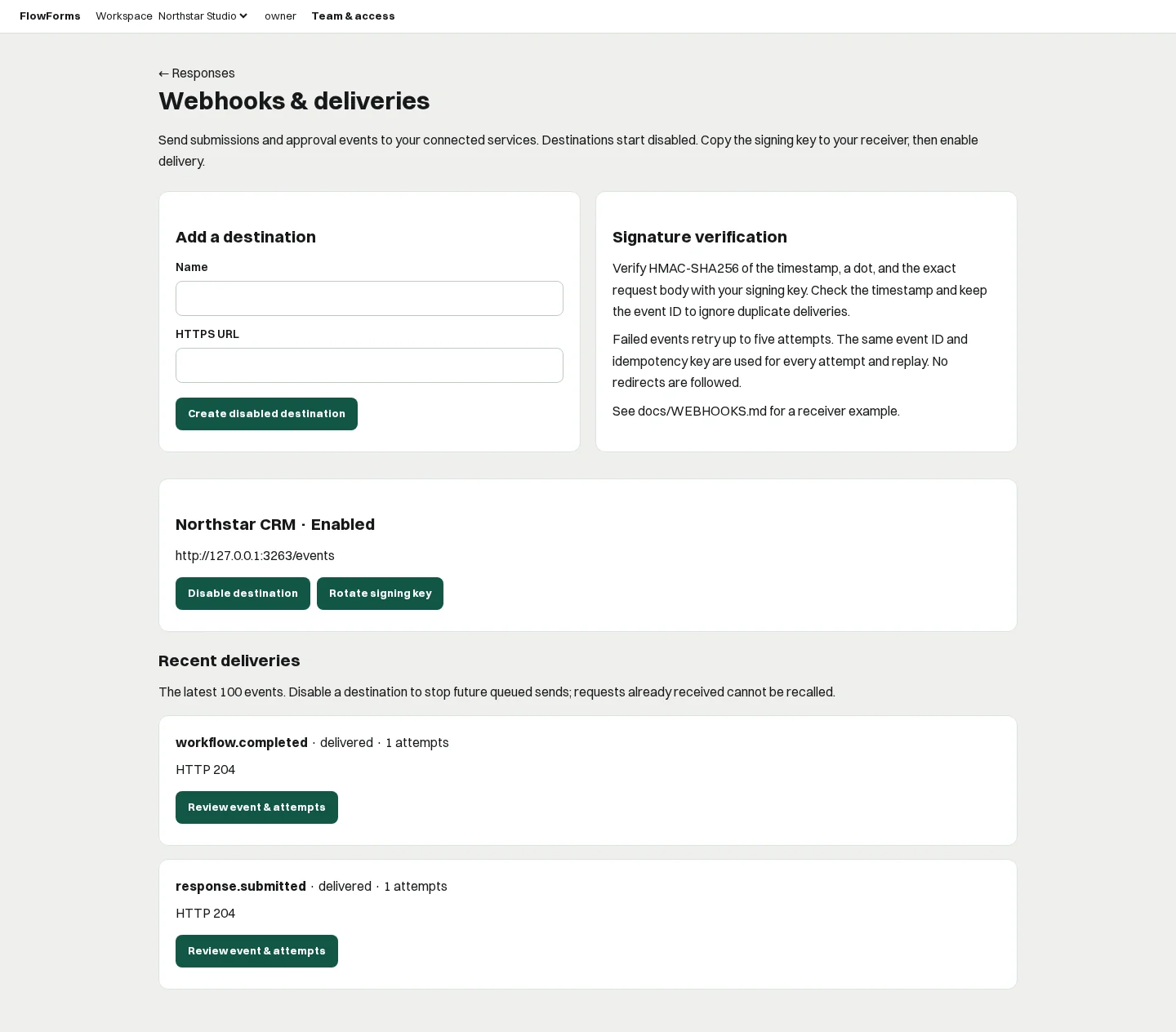 FlowForms webhook history showing successful submission and completed-approval deliveries