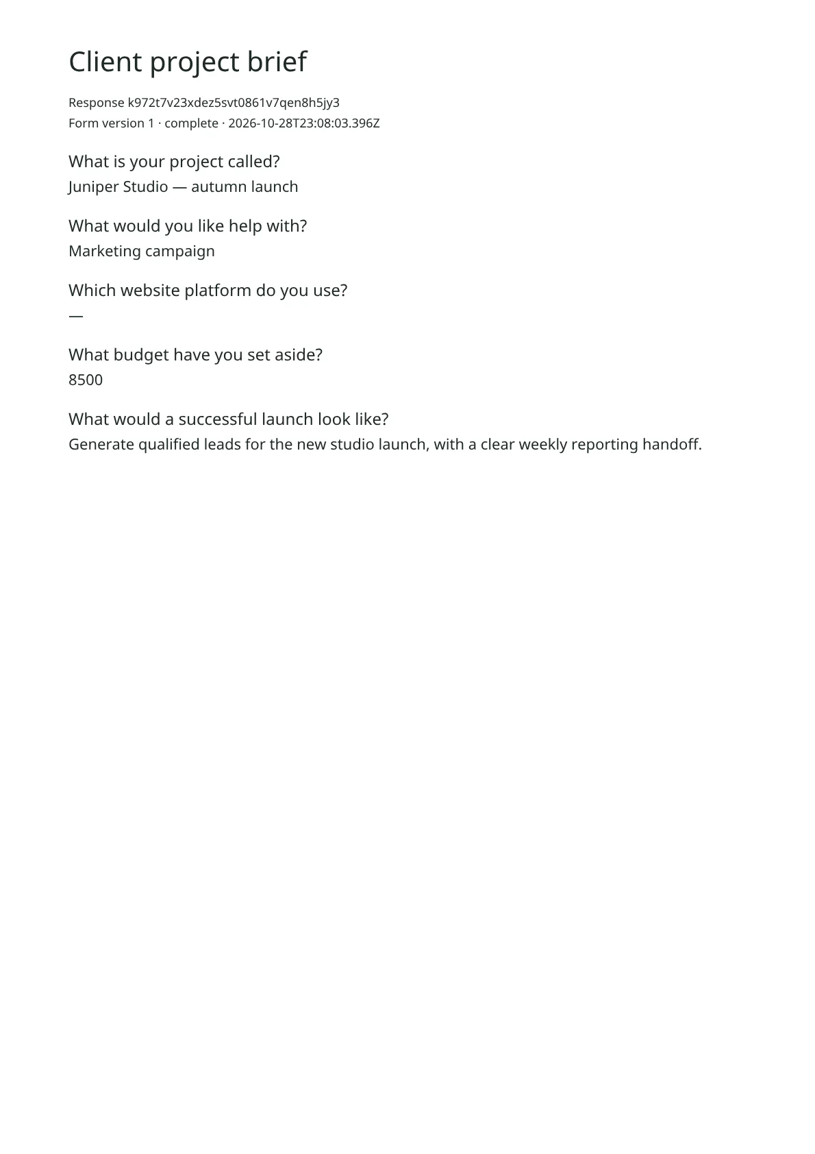 Actual downloaded FlowForms PDF showing the example project, marketing campaign answer, budget and launch goals
