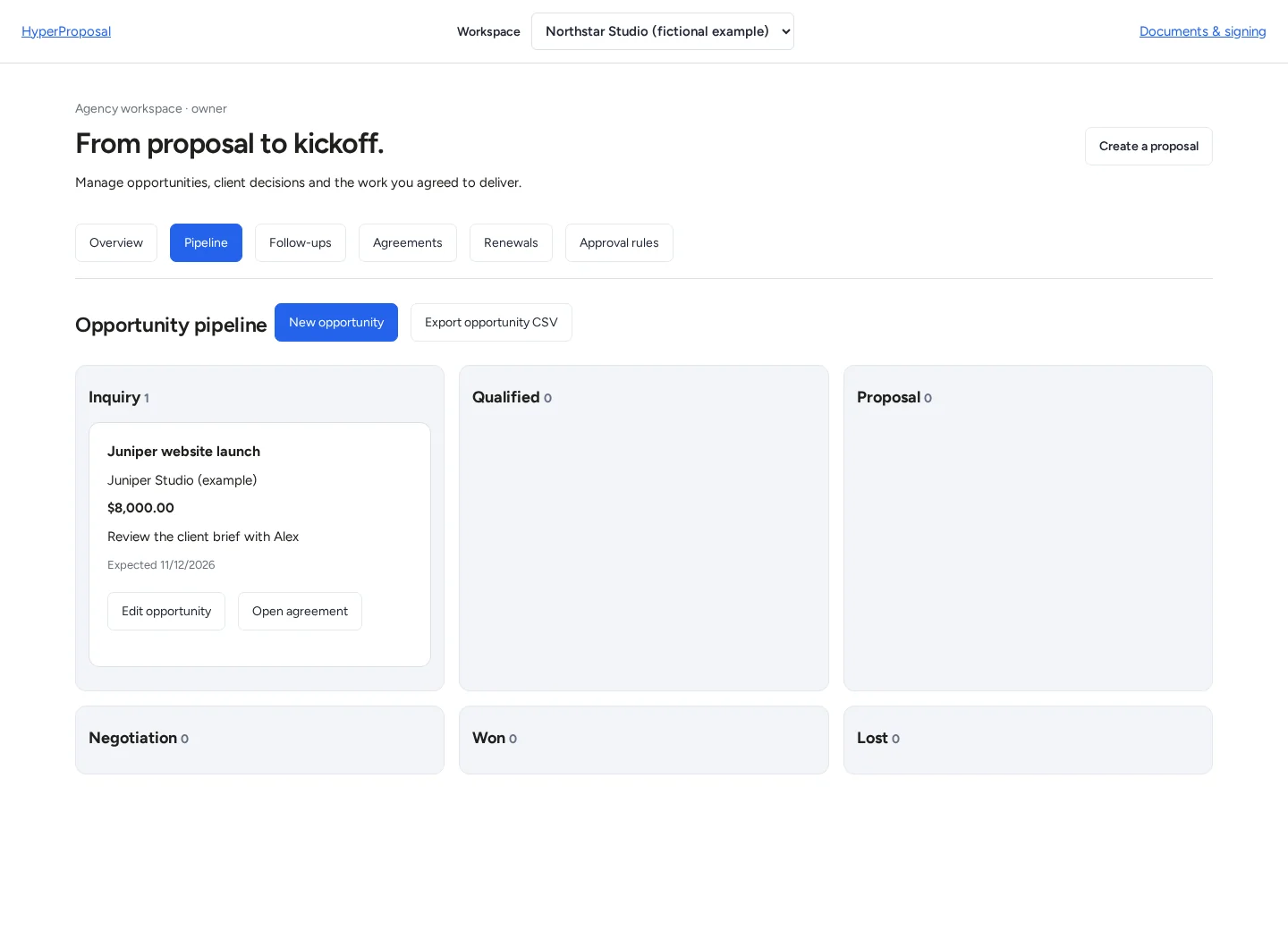 HyperProposal opportunity pipeline with a fictional Juniper website project, owner, value, expected close date and next action