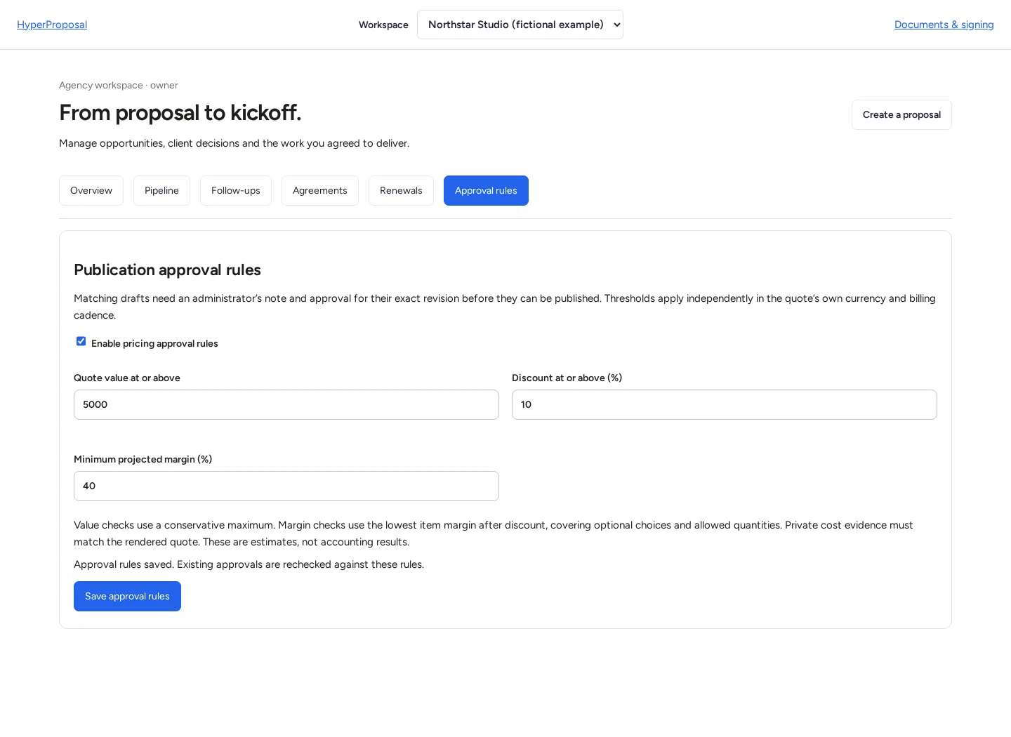 HyperProposal approval rules for quote value, discount percentage and minimum projected margin