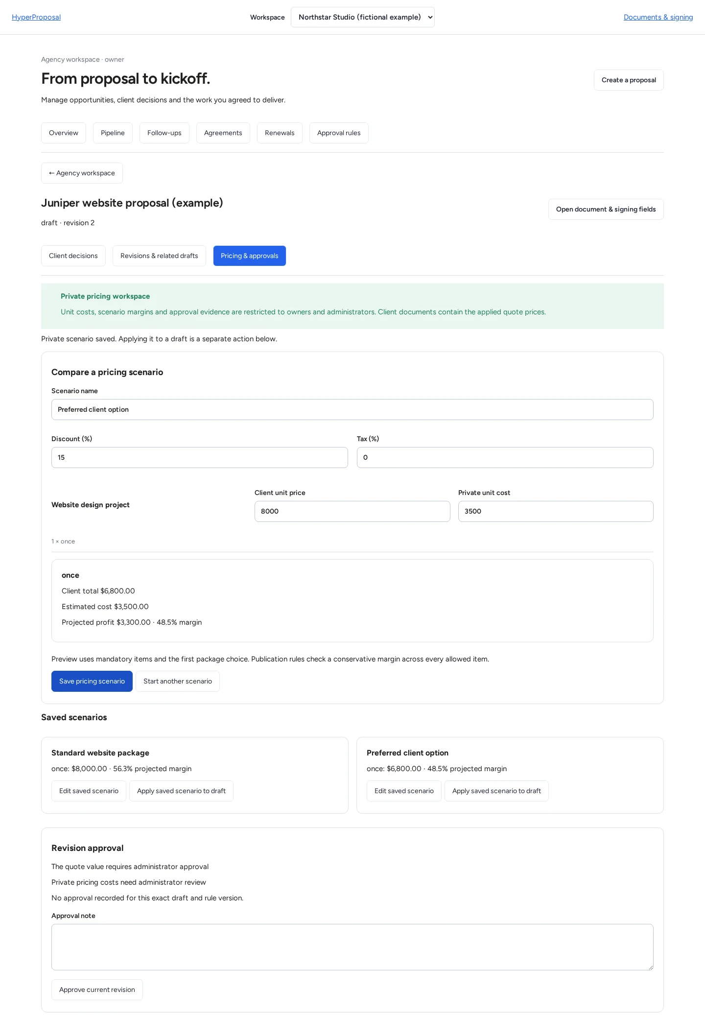HyperProposal private pricing scenarios comparing a standard website package and a discounted option with internal costs and projected margins