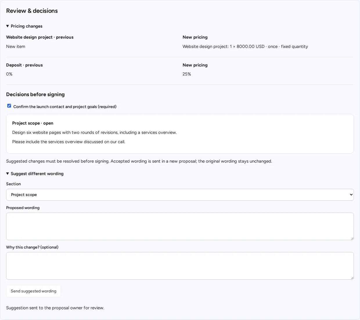 HyperProposal client review with a section selector, proposed scope wording and an explanation sent to the proposal owner