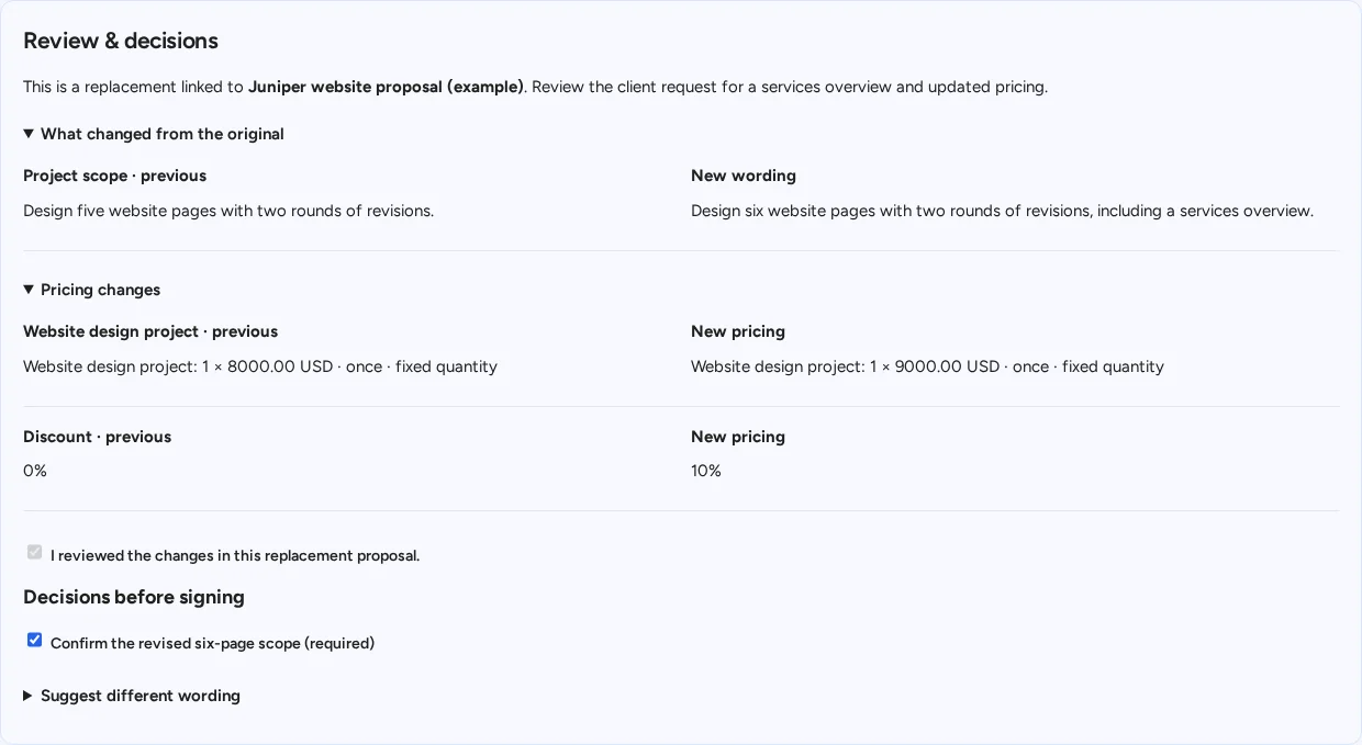HyperProposal replacement review comparing original and revised website wording and pricing with client acknowledgement and required decisions