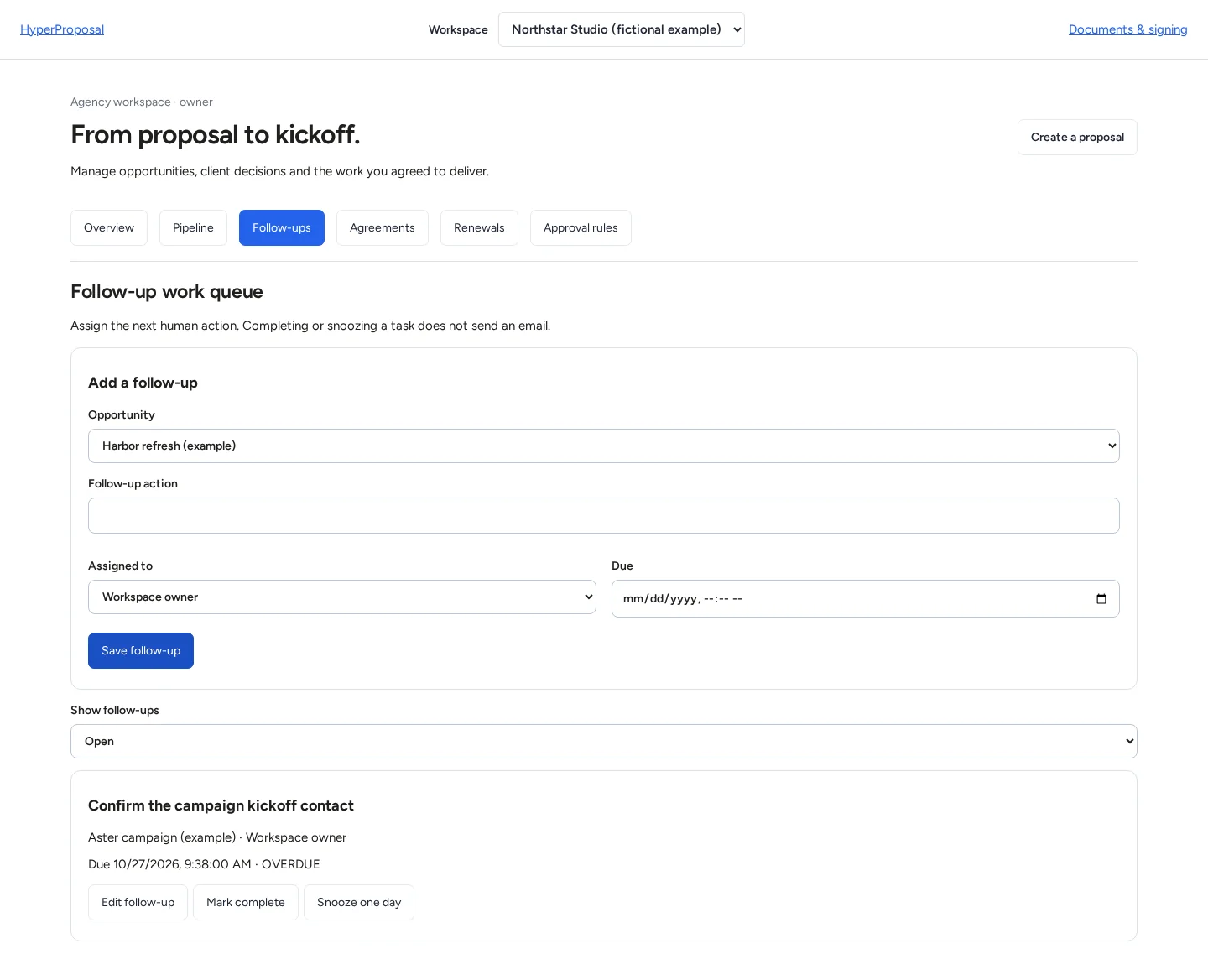 HyperProposal assigned follow-up queue with a due date, overdue status, edit, complete and snooze controls