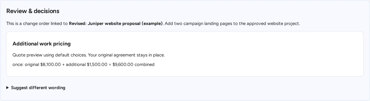 HyperProposal client change order review showing original website pricing plus two additional landing pages and a separate signing request