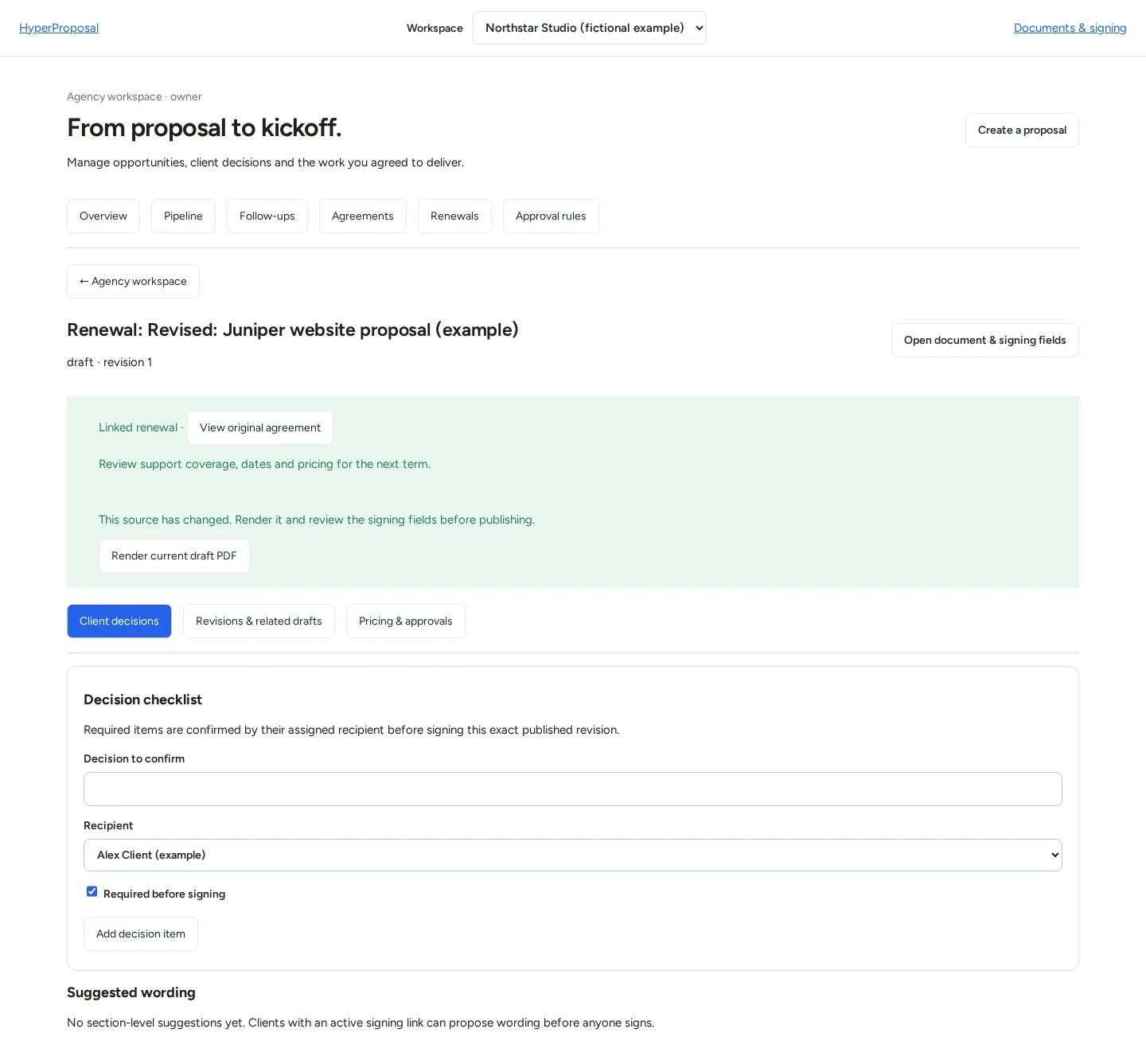 HyperProposal fresh renewal draft linked to the completed original with a reason and a reminder to review the new document
