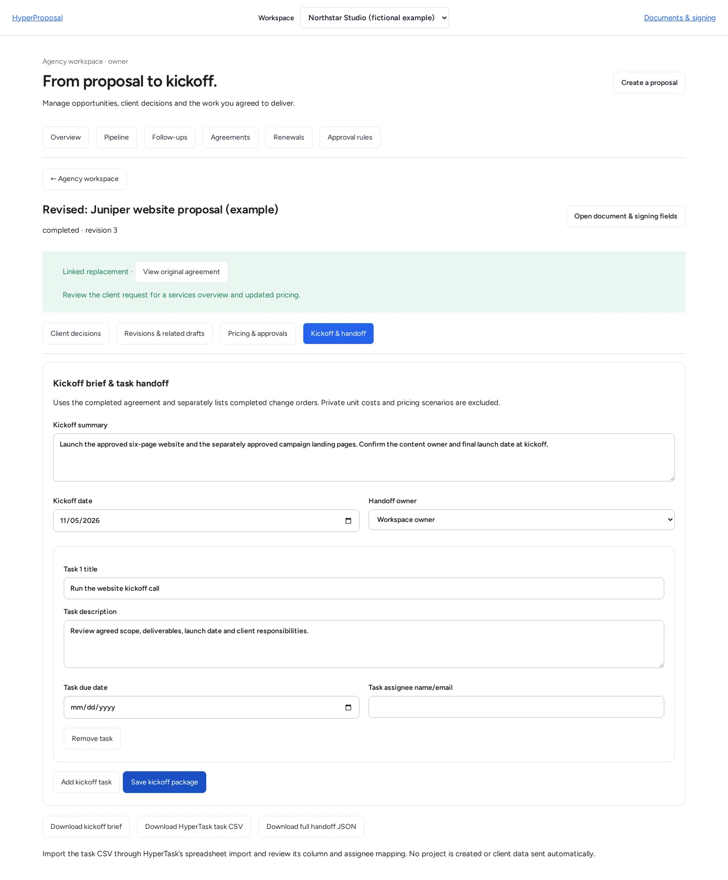 HyperProposal kickoff package editor with summary, owner, task details and downloads for a brief, HyperTask CSV and JSON