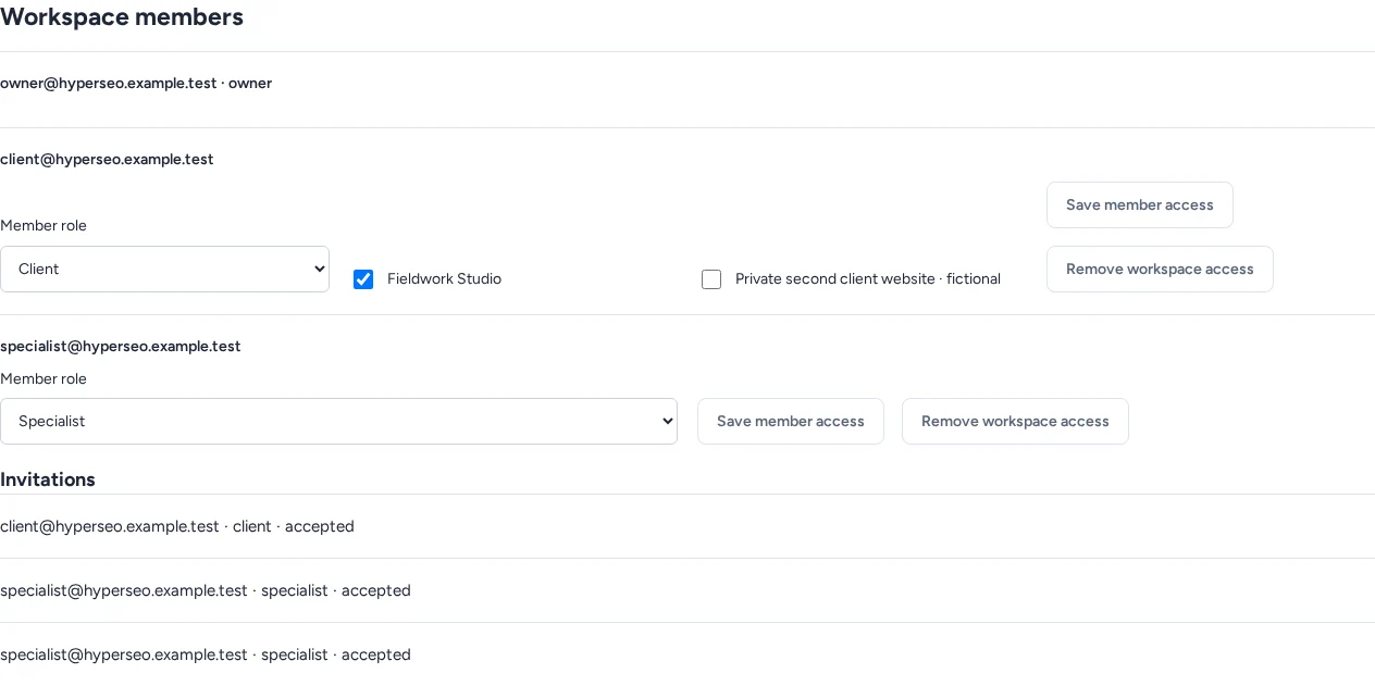 HyperSEO workspace members with owner, specialist and client roles, including Fieldwork website access for the client