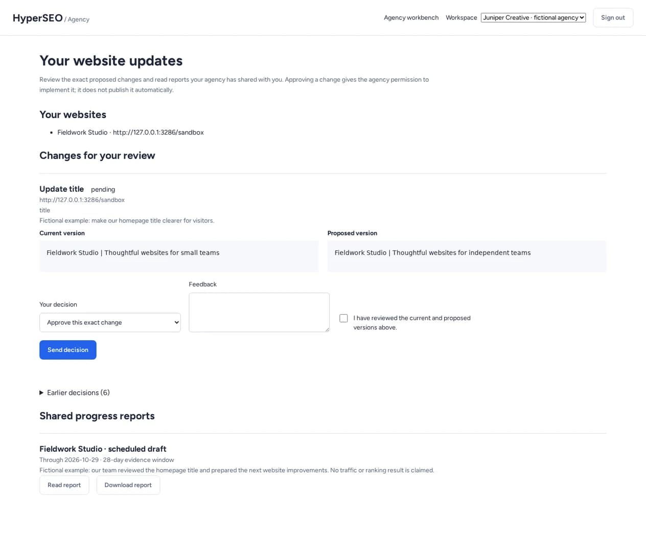HyperSEO client portal comparing the current and proposed homepage metadata, with approval, feedback and review confirmation controls