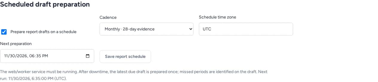 HyperSEO scheduled report draft controls with monthly preparation enabled, UTC time zone and the next preparation date
