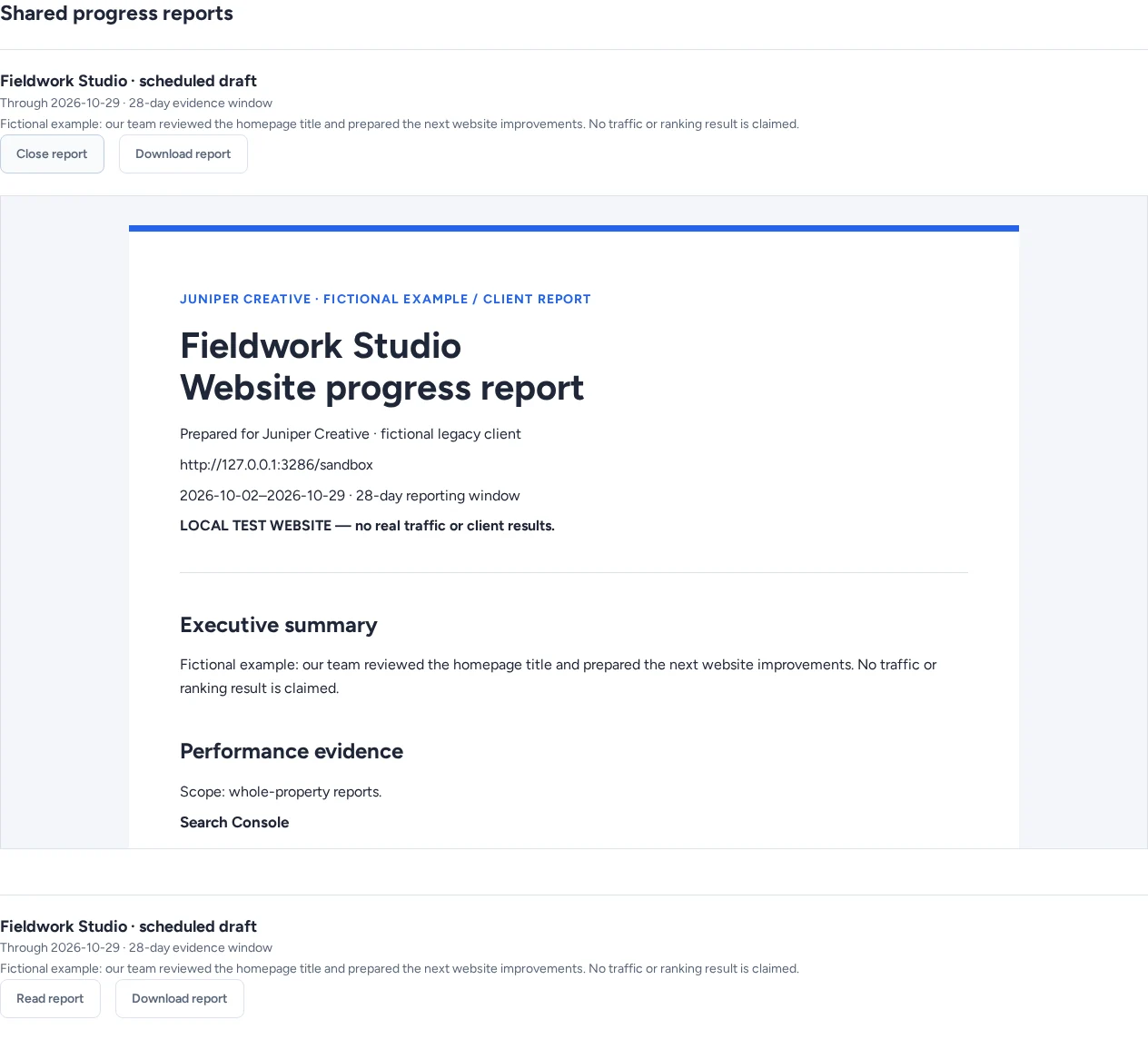 HyperSEO client portal displaying a shared Fieldwork progress report with its agency summary and download control