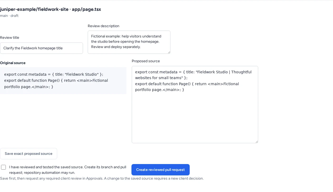 HyperSEO GitHub review showing current and proposed Fieldwork homepage source, a review description and manager confirmation for creating a pull request