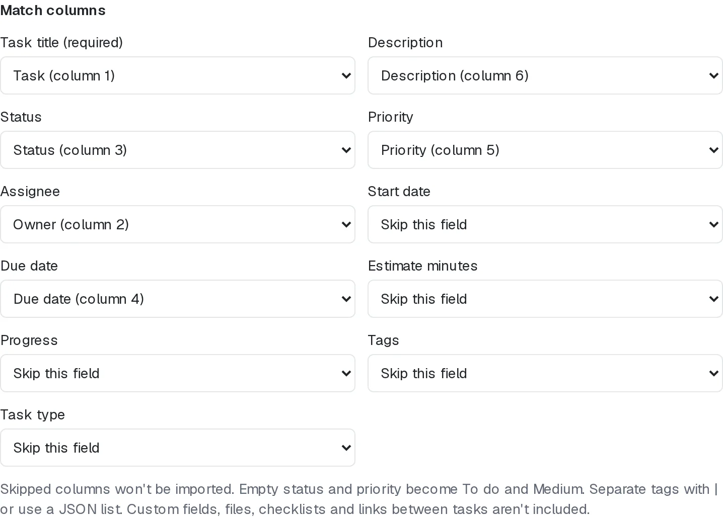 HyperTask CSV column matching for a fictional website launch spreadsheet