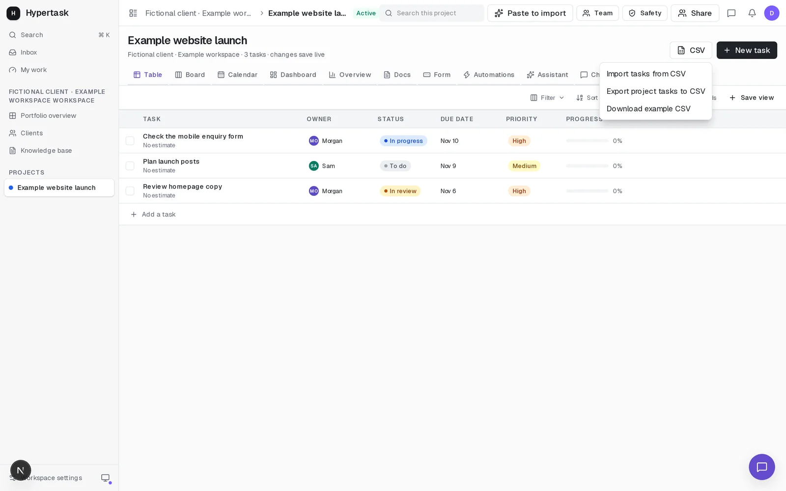 HyperTask CSV menu offering project task export in a fictional agency workspace