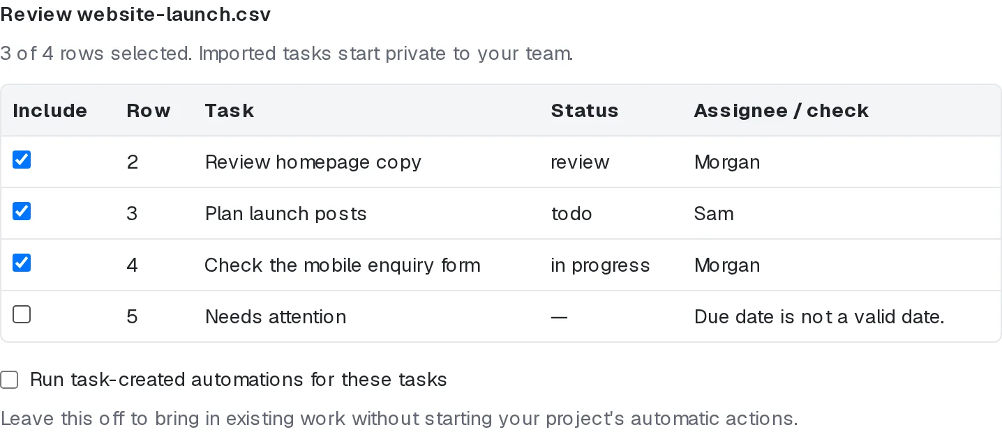 HyperTask task preview with three selected rows and an excluded invalid date in fictional data