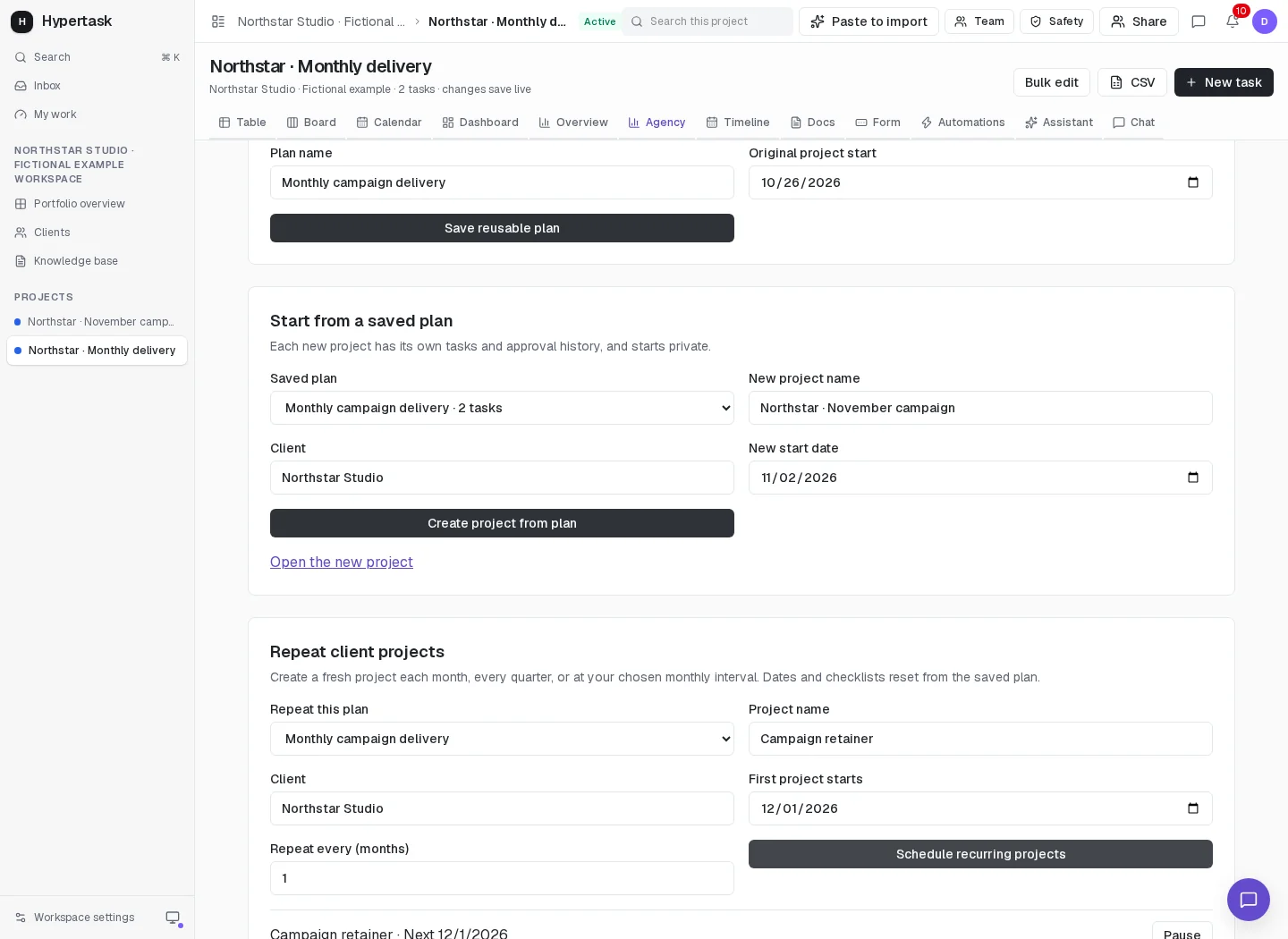 HyperTask saved project plan, new project controls and a recurring client project schedule