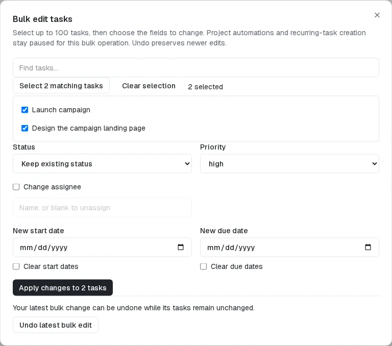 HyperTask bulk task editor with two selected tasks, priority controls and undo