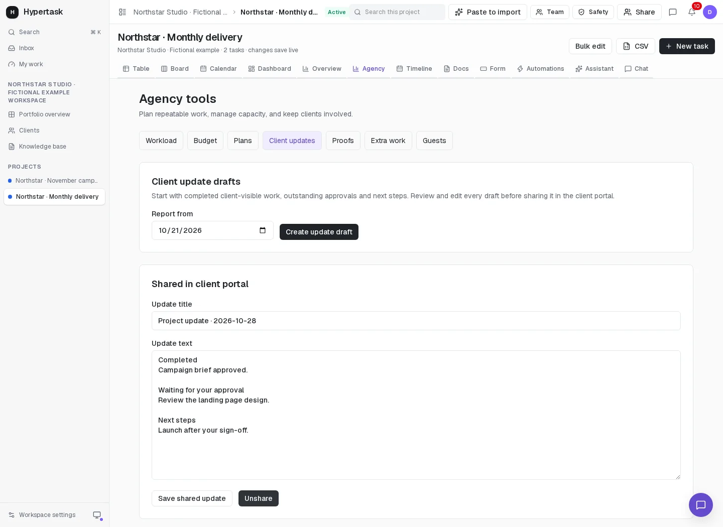 An editable HyperTask project update shared in the client portal