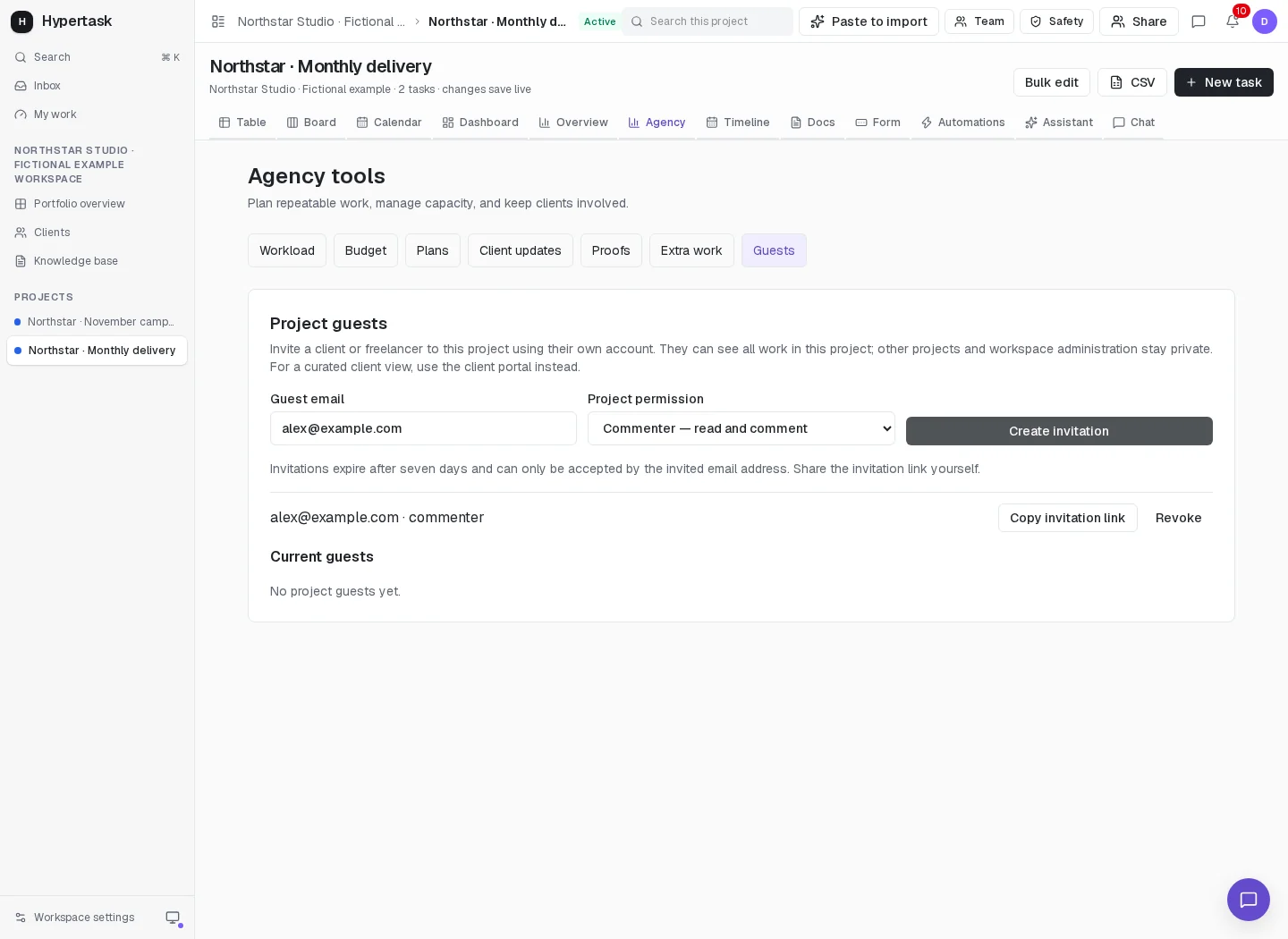 A project-only HyperTask invitation for alex@example.com with commenter permission