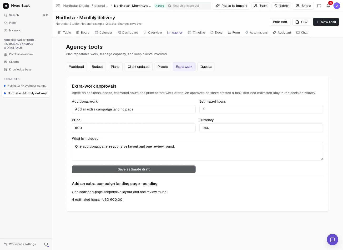 HyperTask extra-work estimate for an additional landing page with hours, price and pending approval