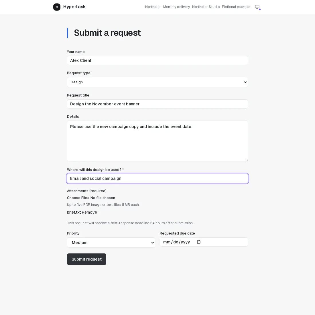 A HyperTask public design request with a conditional question, required brief attachment and 24 hour response deadline