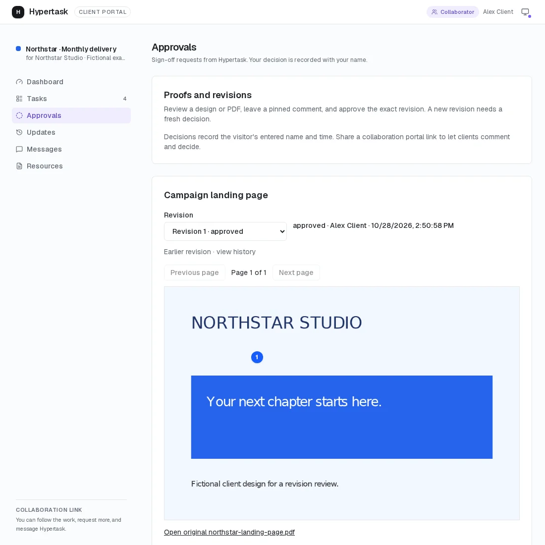 HyperTask client portal viewing an earlier approved proof revision while a newer revision exists