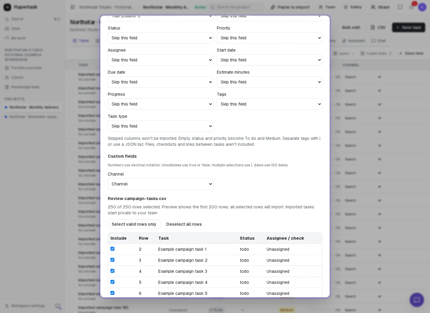 HyperTask spreadsheet review with a Channel custom-field mapping and 250 selected task rows