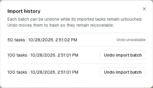 HyperTask import history with completed batches and undo controls