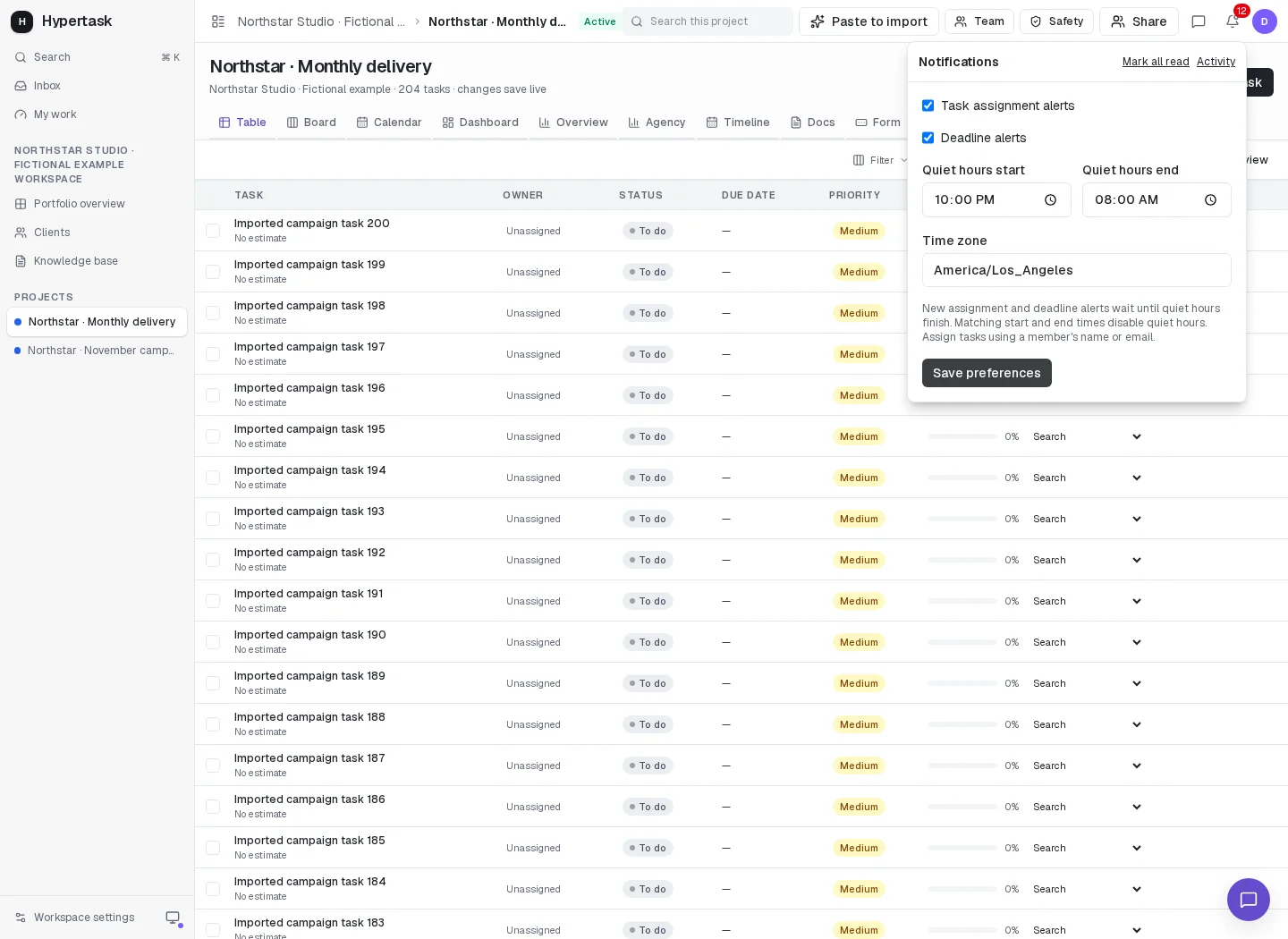 HyperTask notification preferences with assignment and deadline alerts, quiet hours and a timezone