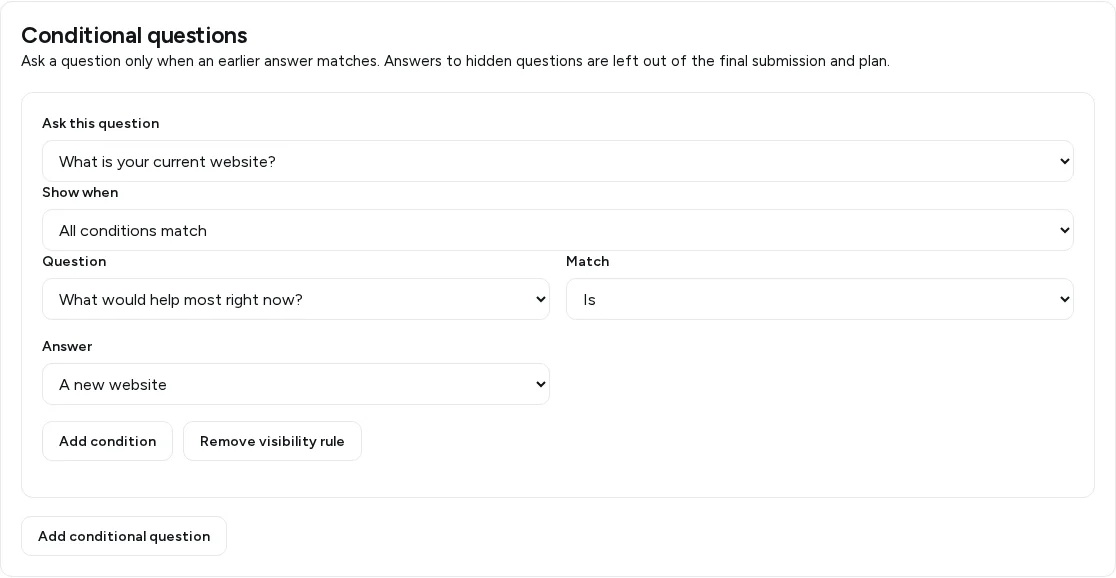 Kickoff conditional-question editor showing the current-website question only when the earlier goal is A new website