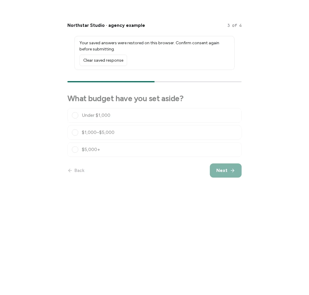 Kickoff public quiz restored at the budget question with a saved-progress notice and a Clear saved response button