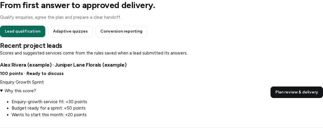 Kickoff lead qualification showing an example client, a suggested Growth Sprint and three reasons behind a 100-point score