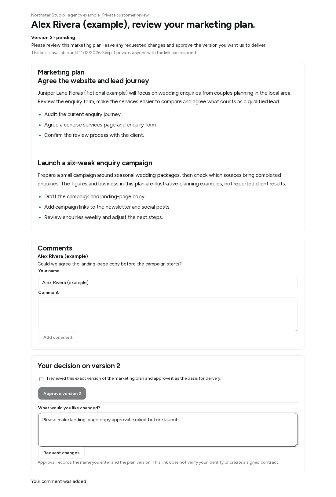 Kickoff private customer review showing a fictional marketing plan, a customer comment and a request to approve landing-page copy before launch