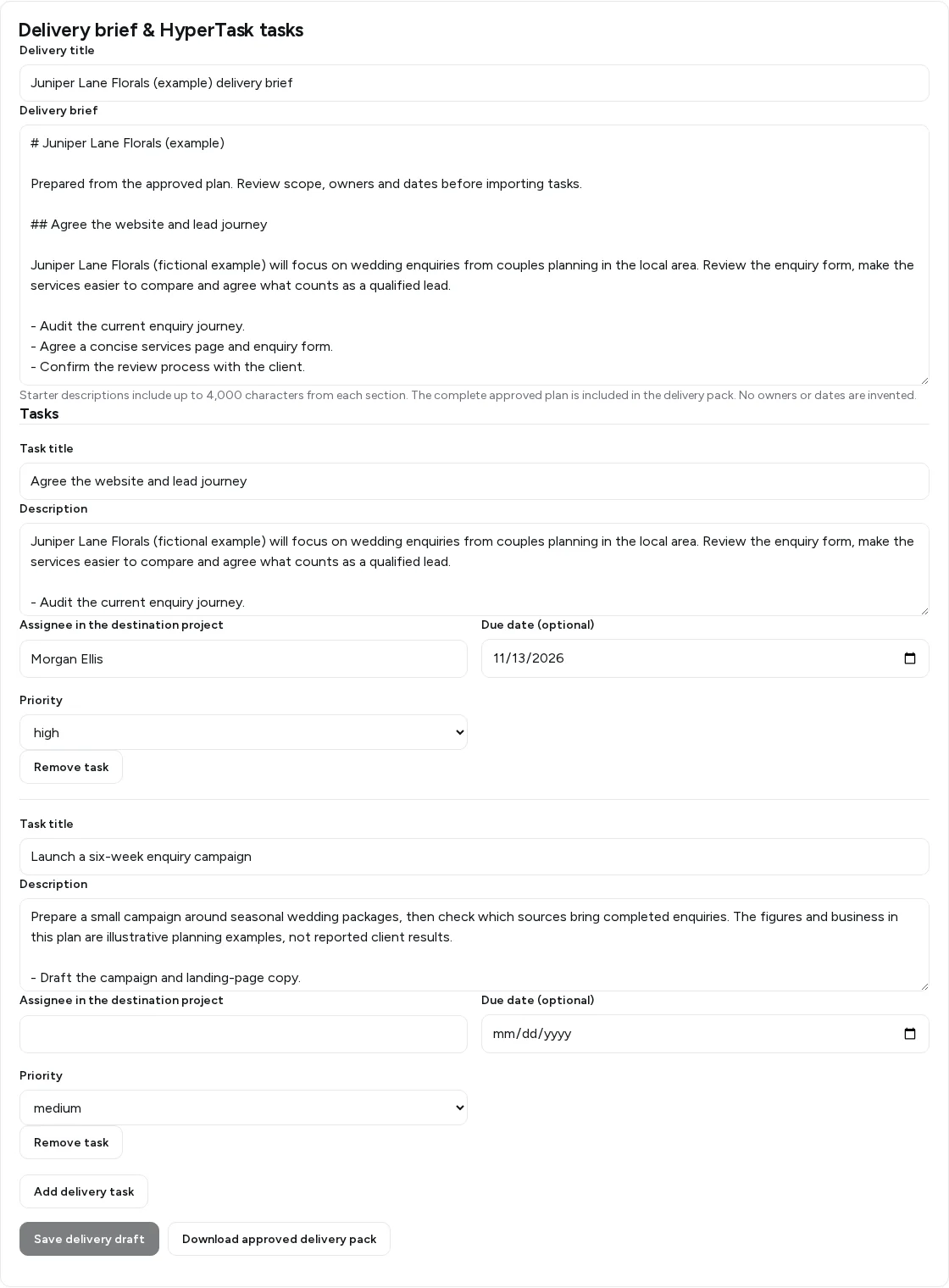 Kickoff approved delivery editor with a brief and two editable tasks, including an example assignee, due date and priority