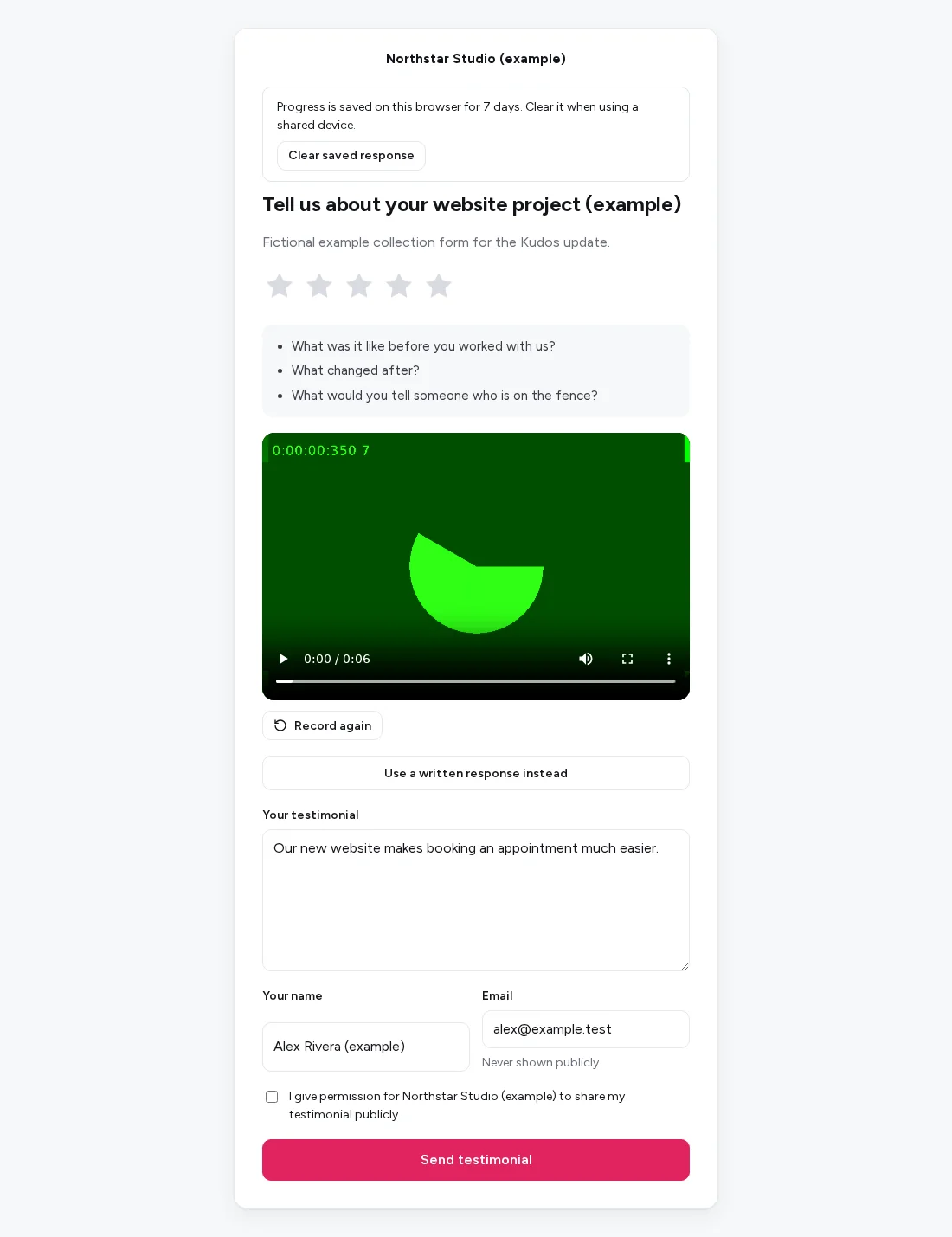 Kudos collection form after reload with a restored fictional customer name, written response and playable synthetic camera recording