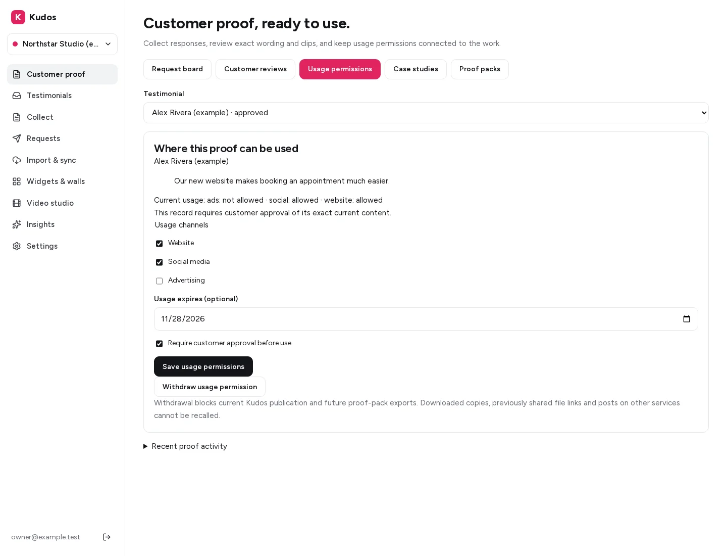 Kudos usage permissions for a fictional testimonial showing website and social allowed, advertising not allowed, customer review and expiry