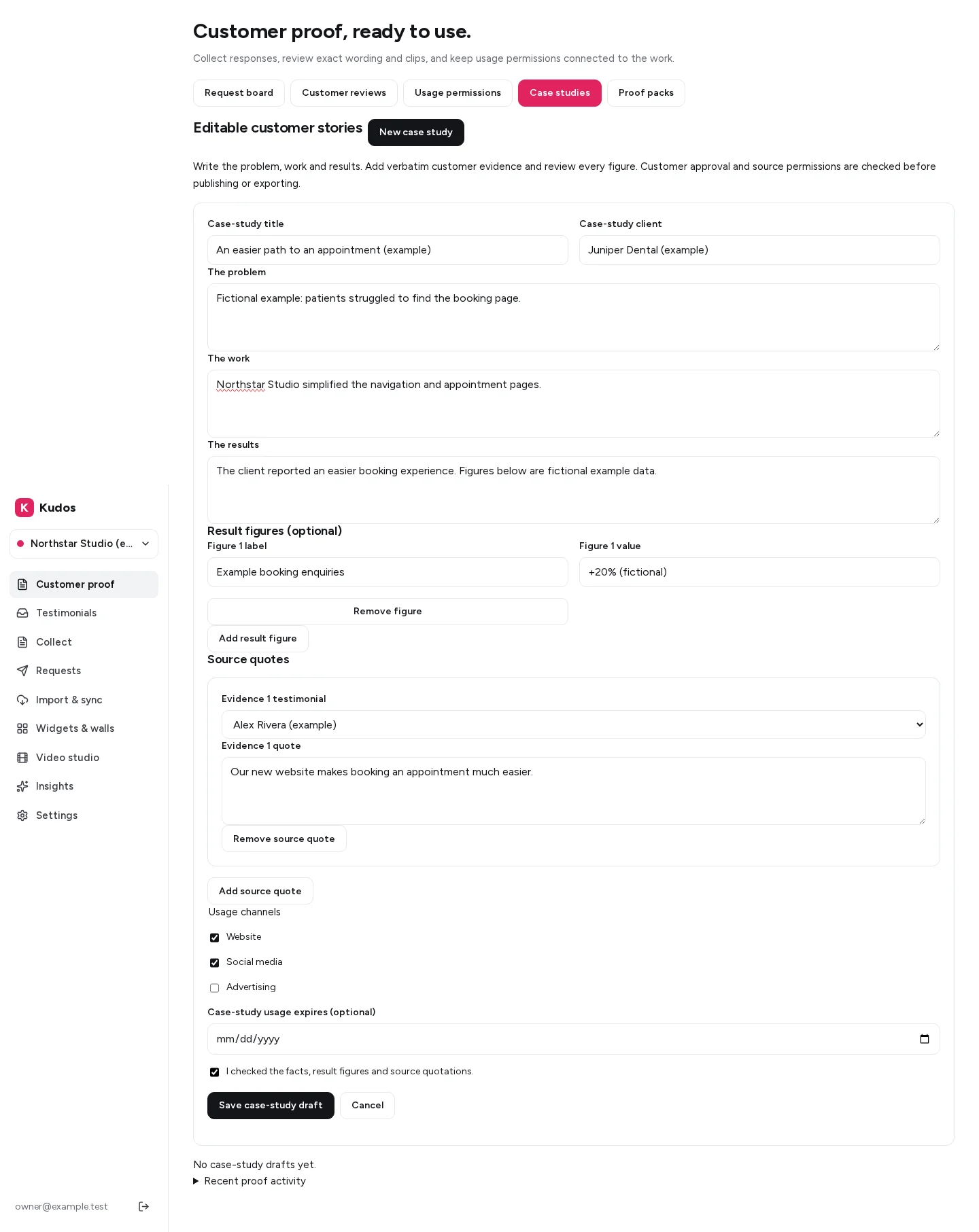 Kudos editable case study with problem, work, results, a clearly fictional example figure, source quote and facts review checkbox