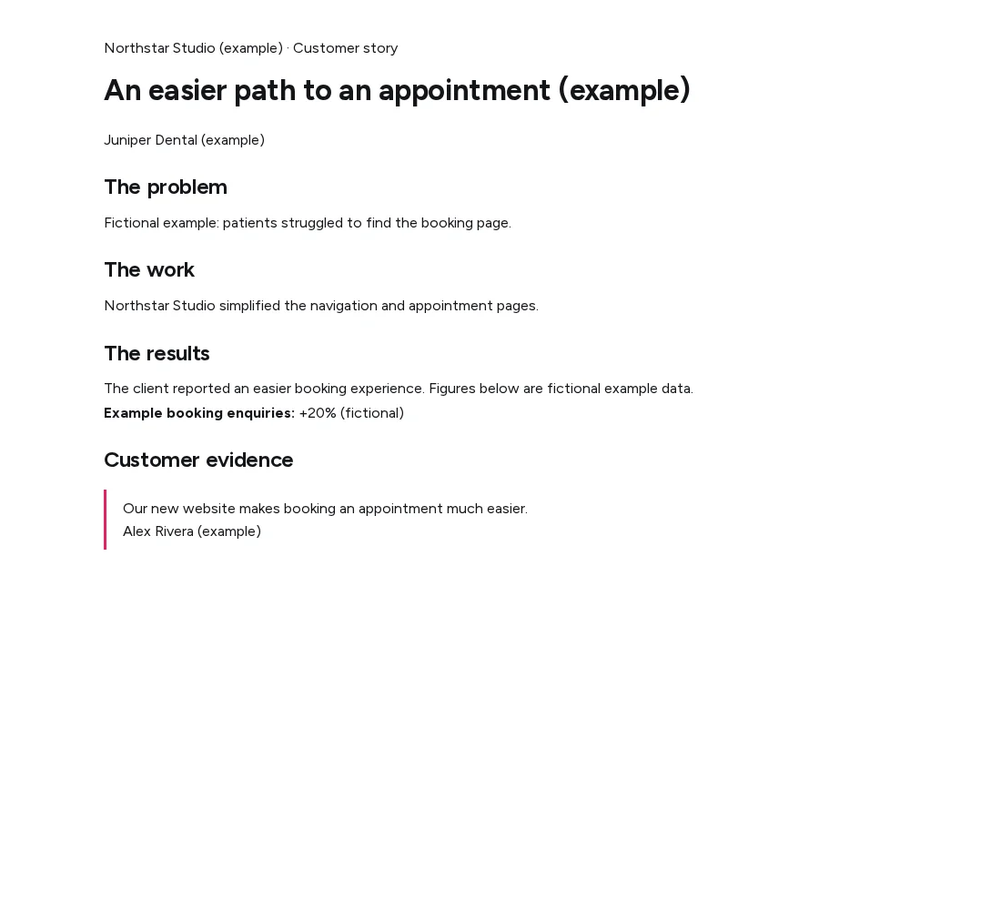 Published Kudos case-study page for the fictional Juniper Dental example with problem, work, results and quoted evidence