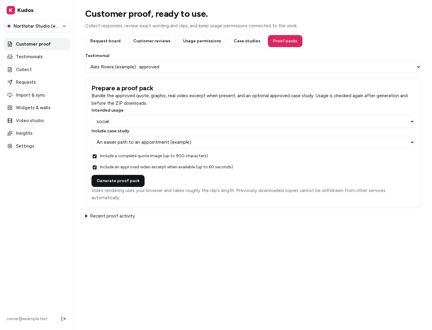 Kudos proof pack options selecting social usage, an approved case study, a complete quote graphic and an approved video excerpt