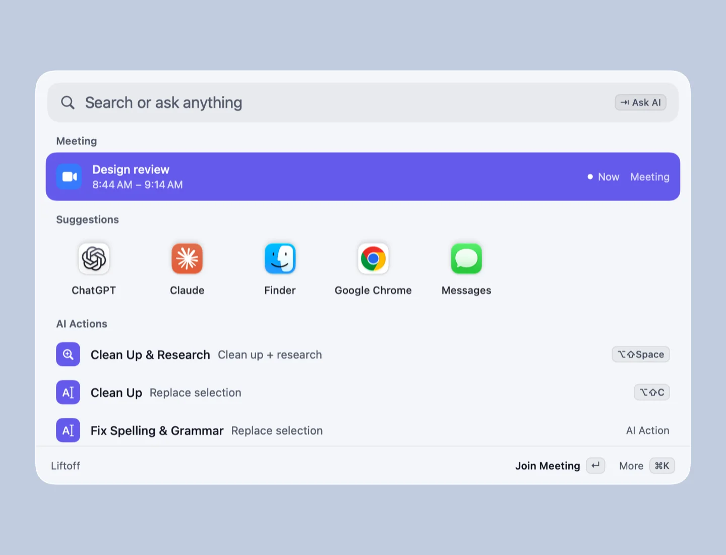 Liftoff launcher in the light Glass theme with a meeting to join at the top, suggested apps, and AI actions with their shortcuts