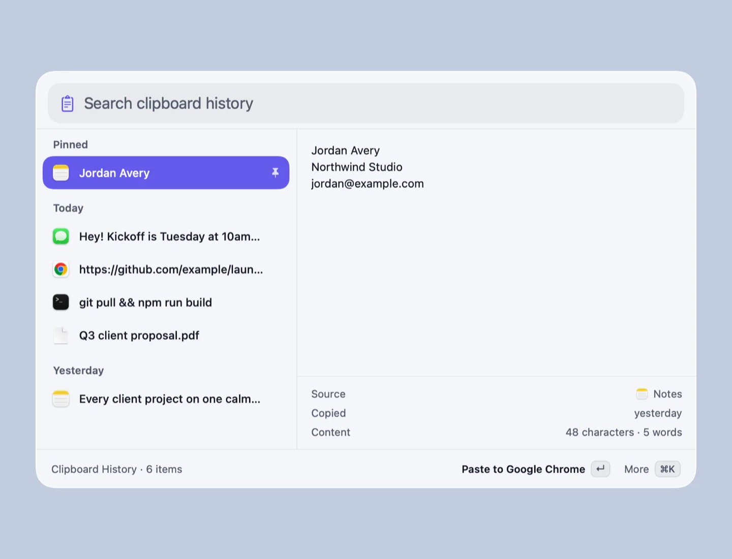 Liftoff clipboard history with a pinned contact card, a message, a link, a terminal command and a PDF, with a preview of the selected item