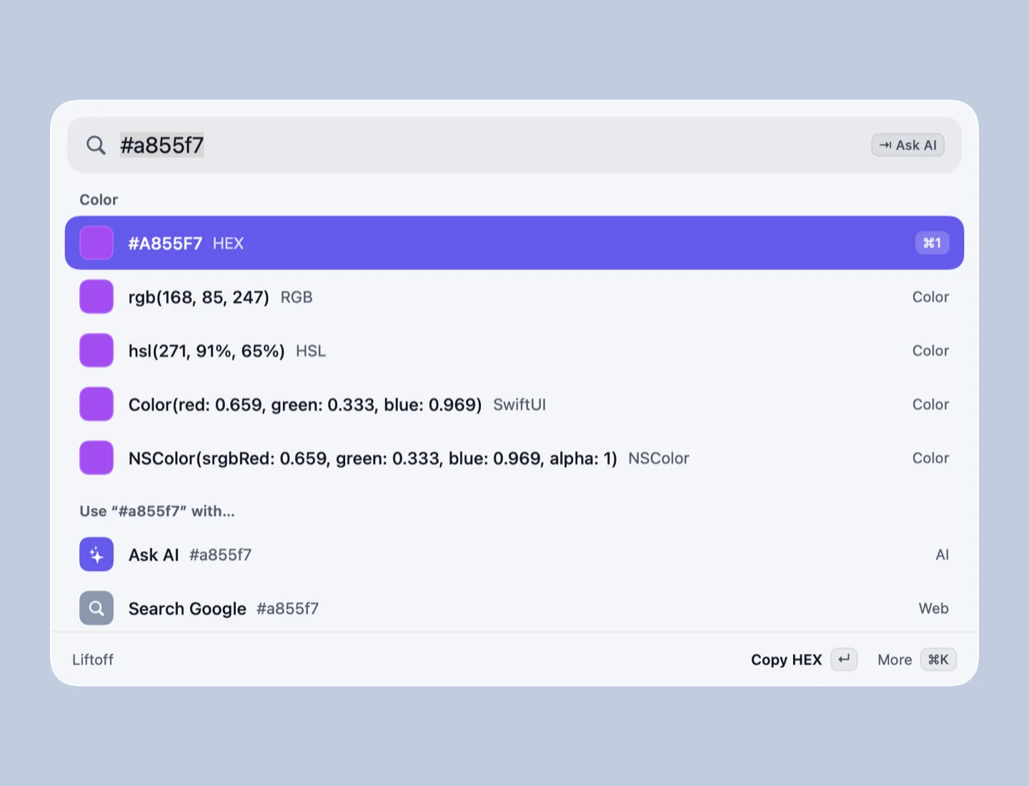 Liftoff showing the color #A855F7 as HEX, RGB, HSL, SwiftUI and NSColor values