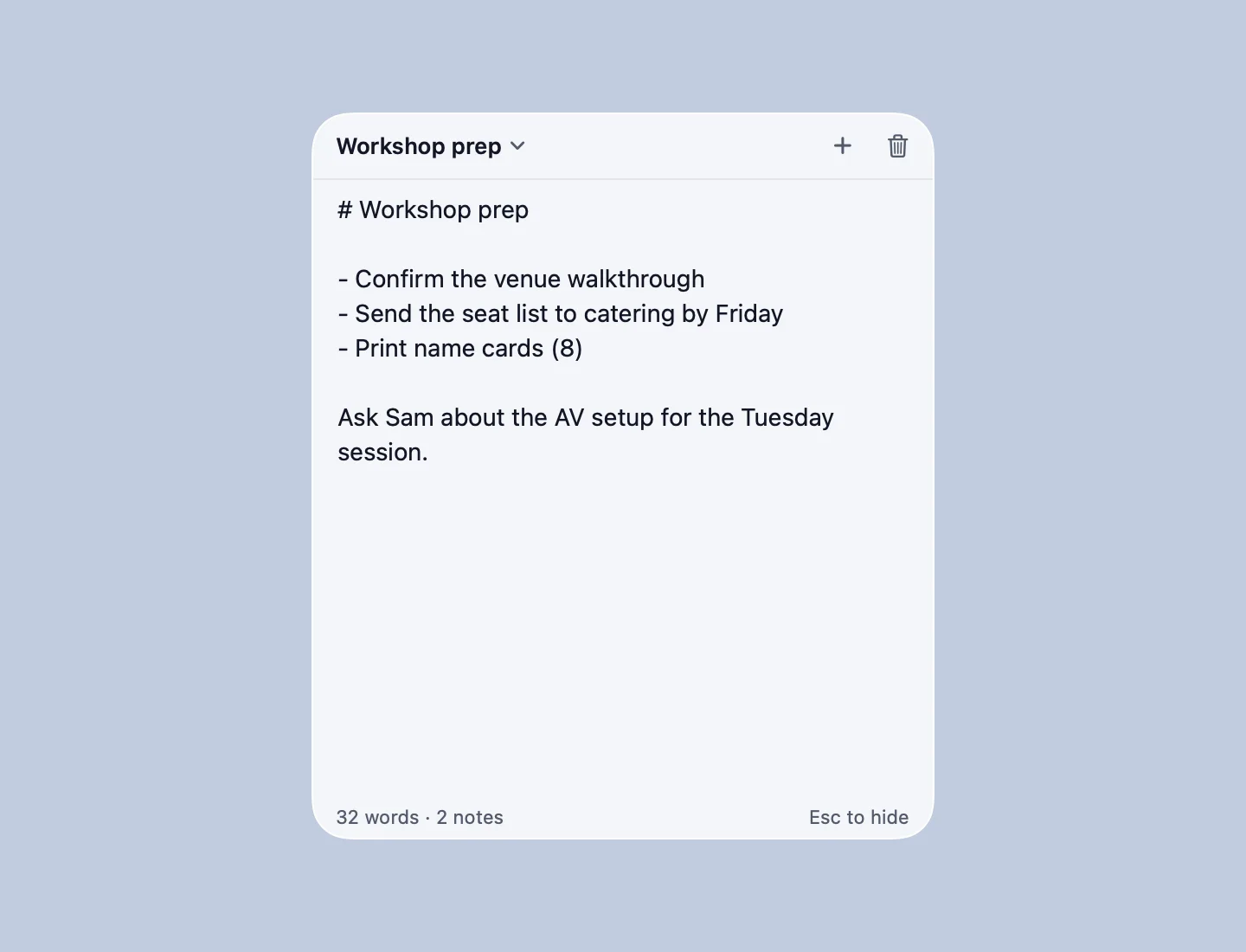 Liftoff floating notes window with a workshop prep checklist